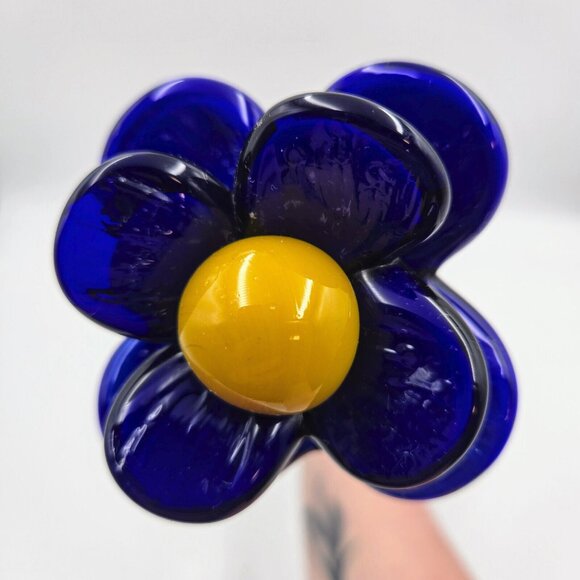 Art Glass Flower Hand Blown Dark Blue Yellow Long Green Stem Flower With Leaf - Picture 2 of 16